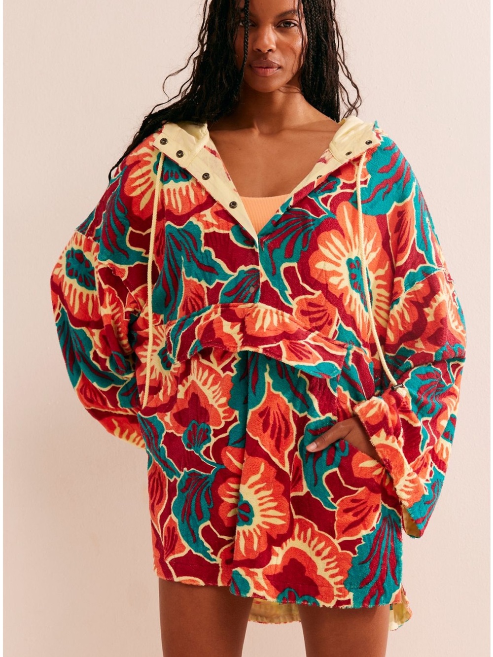 Free People Red Multi Floral Terry Hooded Pullover